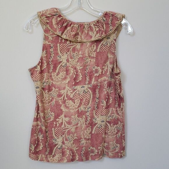 LRL Ralph Lauren Jeans Co Top Womens M Floral Red Tan Ruffled Keyhole V Neck - Picture 3 of 6